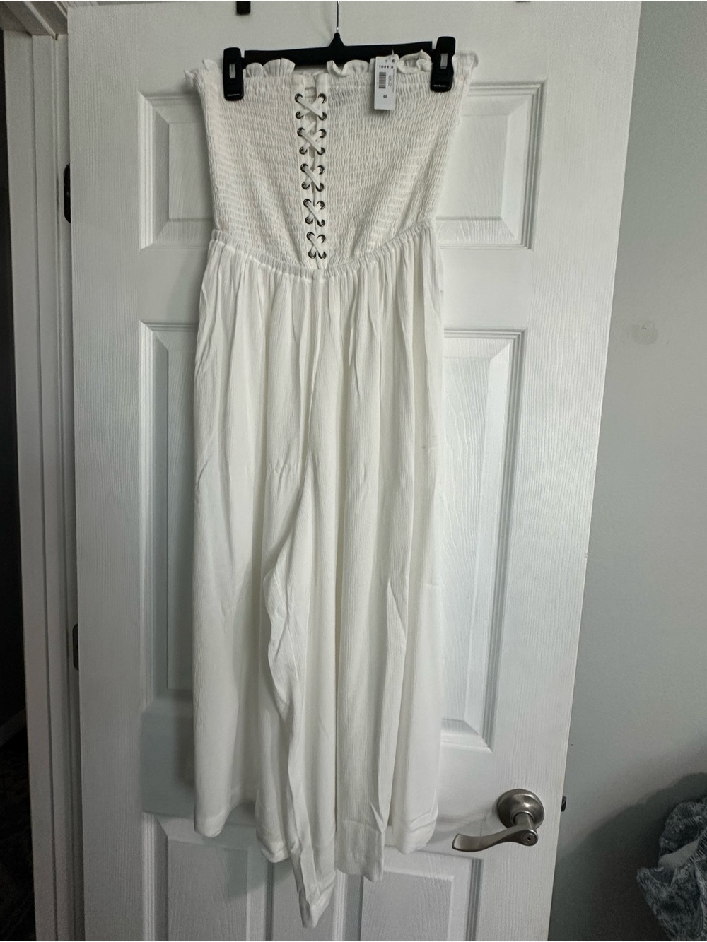 torrid White Strapless Lace-Up Smocked Jumpsuit